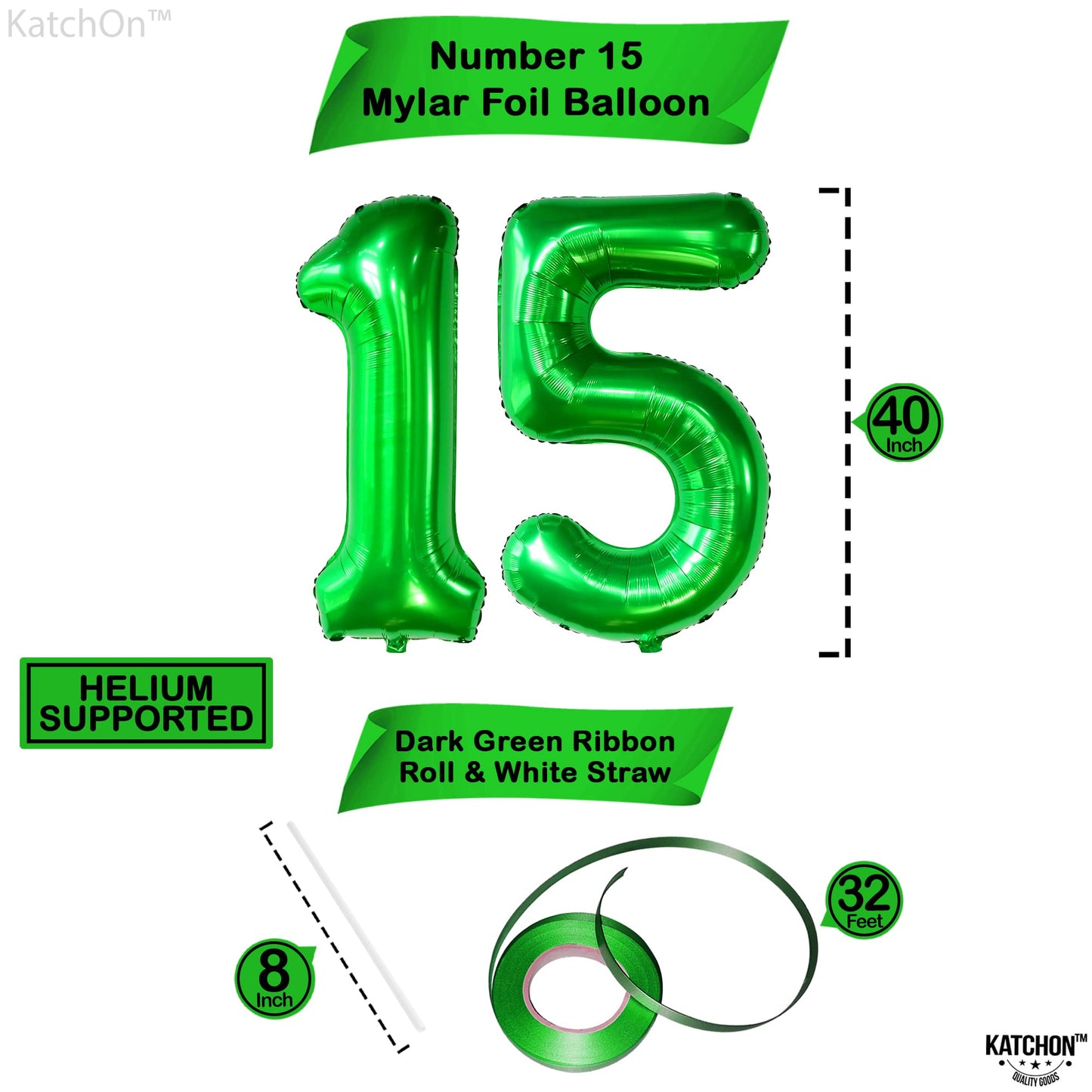 Katchon, Dark Green 15 Balloons Number - 40 Inch | Green Number 15 Balloons For 15Th Birthday Decorations | 15 Birthday Balloons For 15Th Birthday Decorations For Boys | Green Birthday Decorations