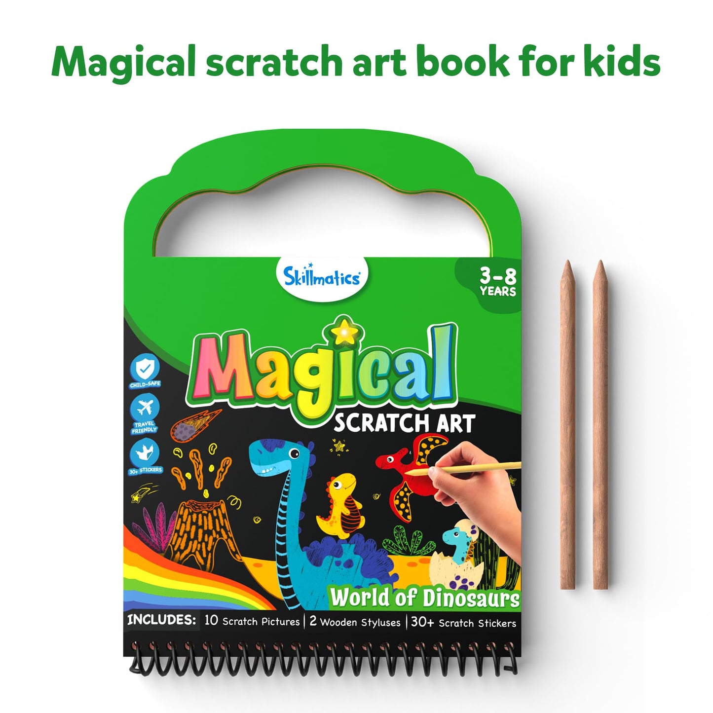 Skillmatics Scratch Art Book For Kids - Dinosaurs, Craft Kits & Supplies, 30+ Scratch Stickers, Travel Toys, Diy Kit, Gifts For Boys & Girls Ages 3, 4, 5, 6, 7, 8