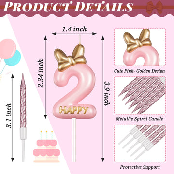 Pink Birthday Candle Girl,Number Birthday Cake Topper with 10 Pieces Rose Gold Birthday Candles Long Thin Cupcake Candles in Hol