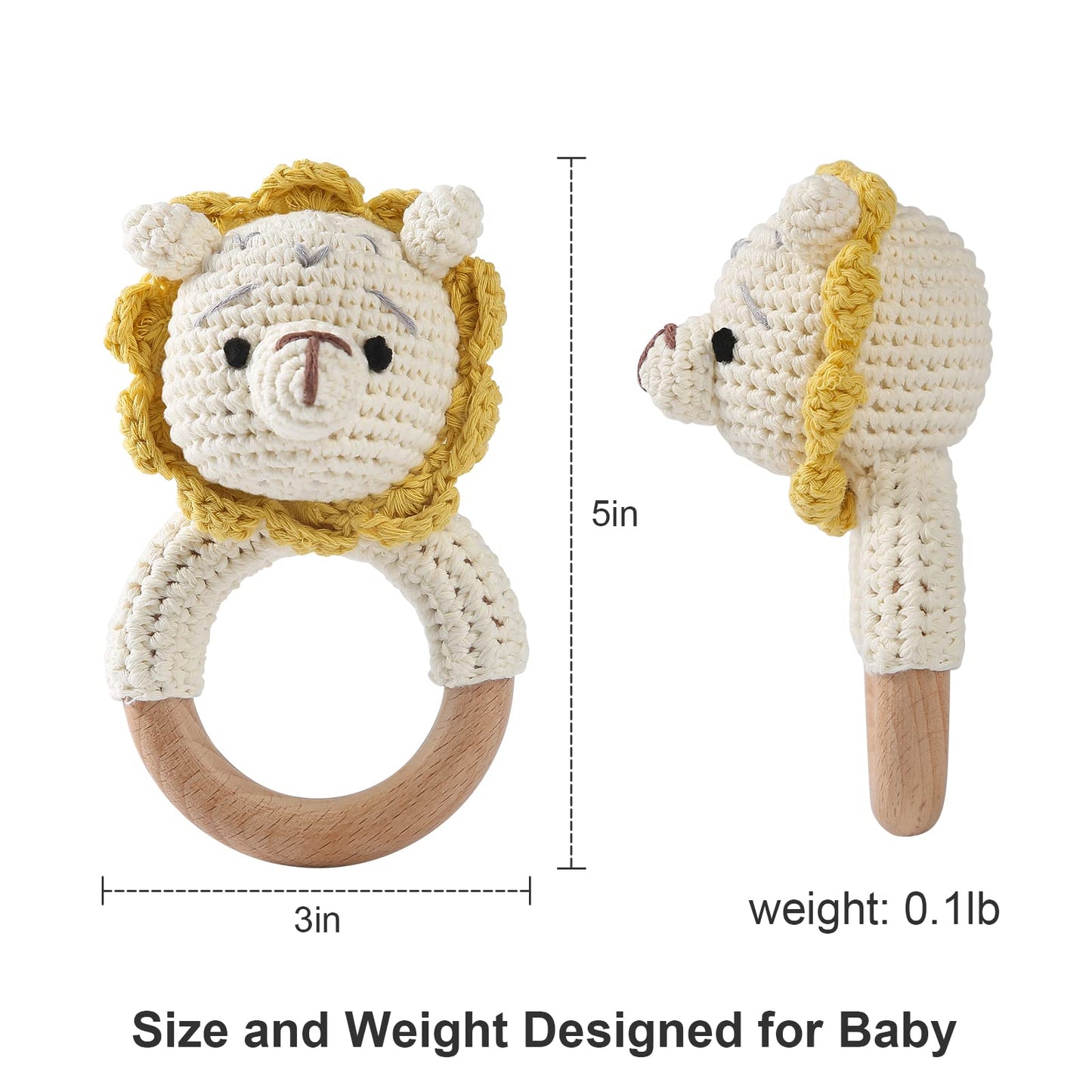 Wooden Baby Rattle Crochet Lion Baby Toys Handmade Newborn Toy Early Development Grips Stuffed Animal Organic Rattle