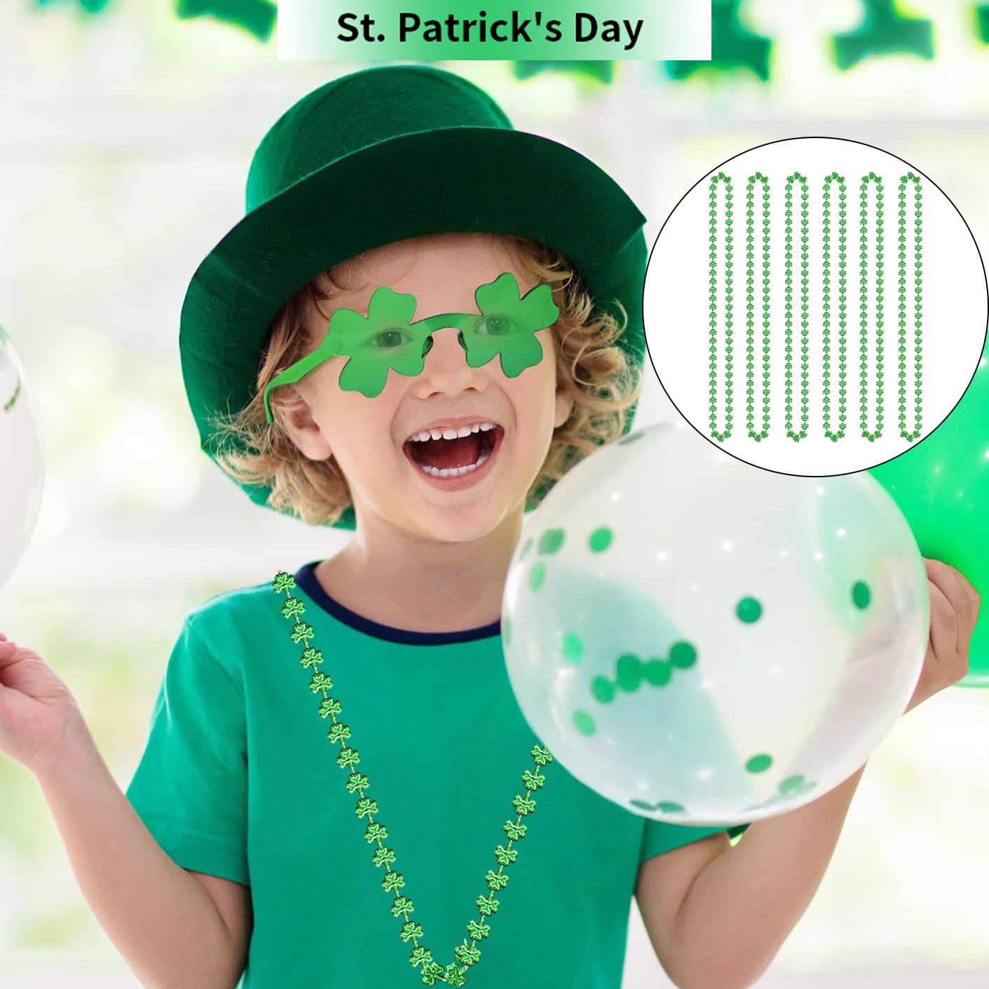 JANEMO Green Necklace,St Patrick's Day Decorations, St Patricks Day Gifts for Kids,Adults,St Patricks Day Accessories (6PCS Sham