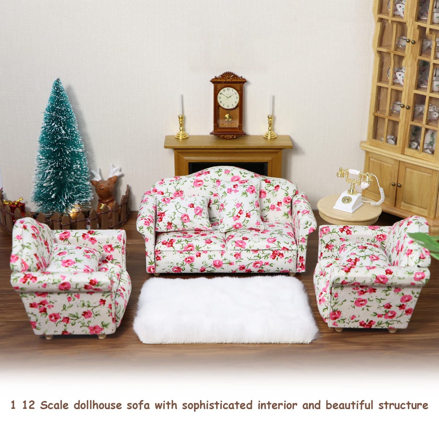 Dollhouse Couch Miniature Sofa With Pillows Dollhouse Living Room Funiture 1:12 Scale Model 3 Pcs High Simulation Upholstered Wo