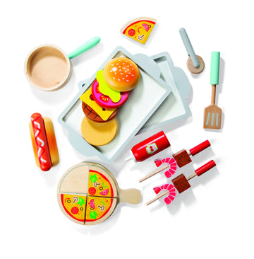 Food Truck Wooden Playset, 20 Fun Toy Pieces Including Cook Top, Steering Wheel, Sticker Sheet for Kids Name, includes Food Tray