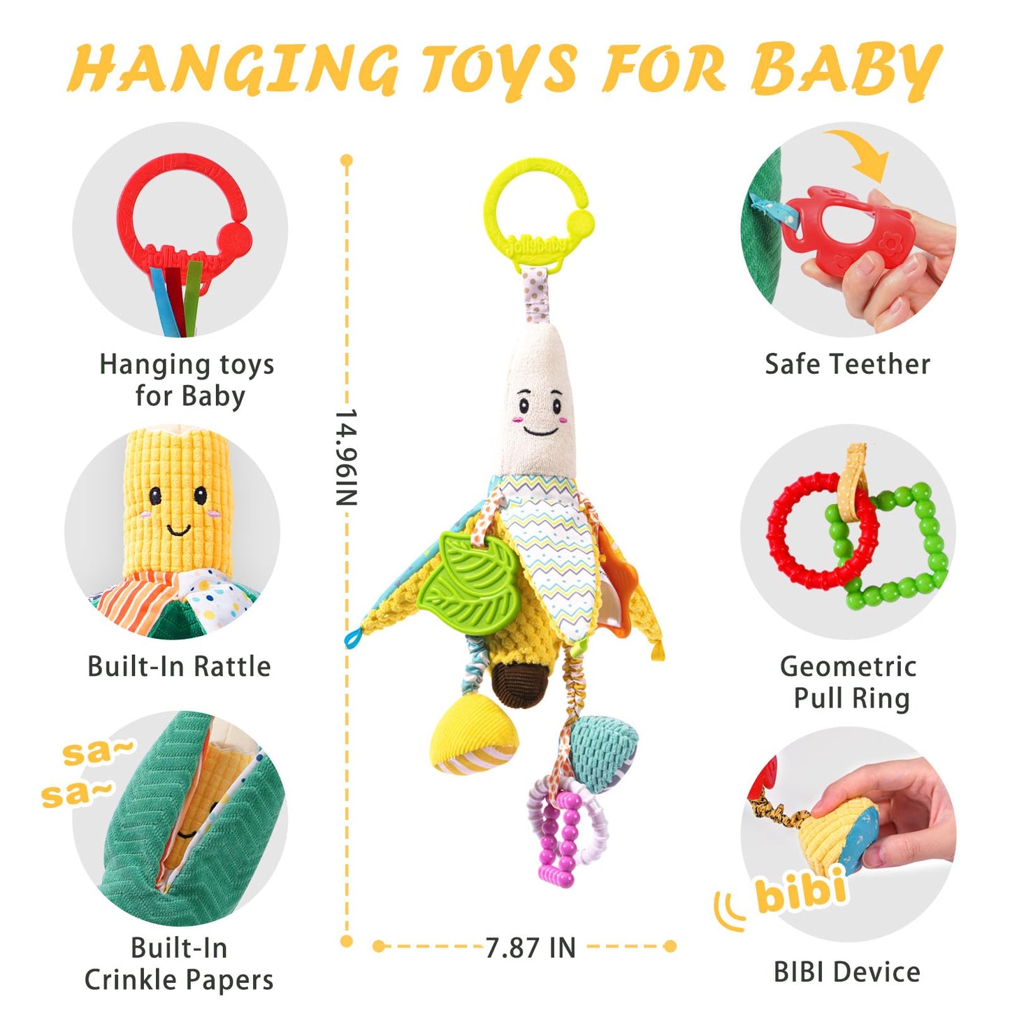 Jollybaby Stroller Rattle Toys For Car Seat Parm, Fruit Plush Hanging Infant Crib Bed Travel Activity Ring Bell With Crinkle, Squeaky & Teether For Boys Girls(Banana)