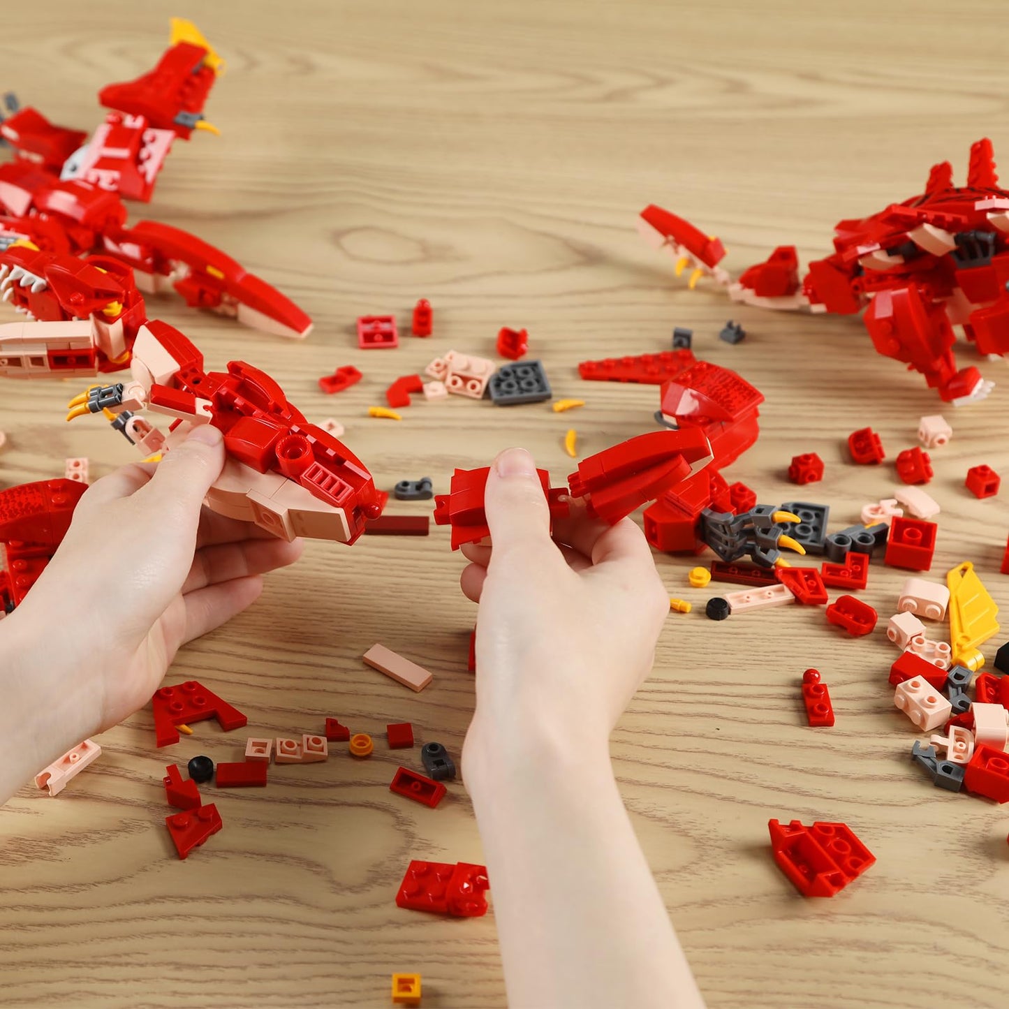 HSANHE 3 in 1 Dinosaurs Building Kits, 287PCS Educational Toys for Kids Age 6-10, Medium Size, Red, ABS Material