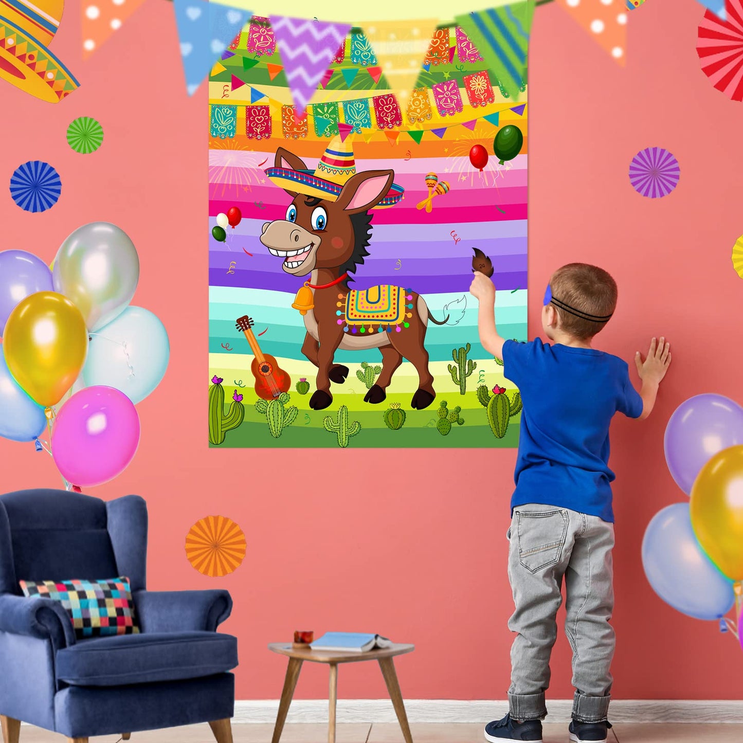 Astaron Pin The Tail On The Donkey Mexican Donkey Game With 24Pcs Tail Stickers For Cinco De Mayo Party, Mexican Party Fiesta Themed Party, Kids Birthday Supplies