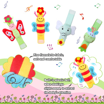 Jerify 4 Pcs Baby Wrist Rattles Animal Pattern Newborn Rattle Wrist Foot Toy For Babies Boy Girl Infant Birthday Gifts Educational Toys, 4 Designs