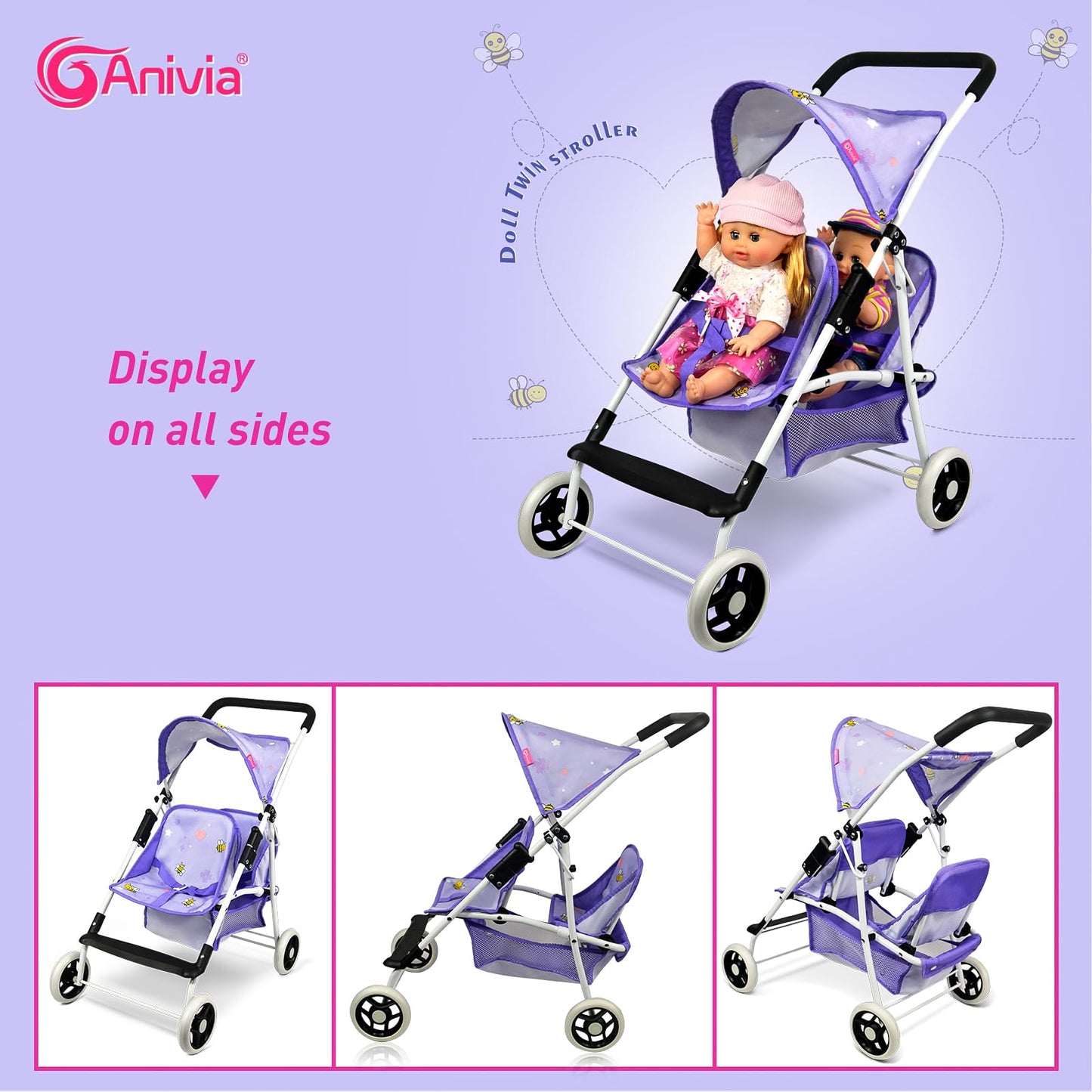ANIVIA Baby Doll Stroller - Foldable Heart Design, Purple, Plastic, Model PURPLE, Ideal Gift for Toddlers and Girls