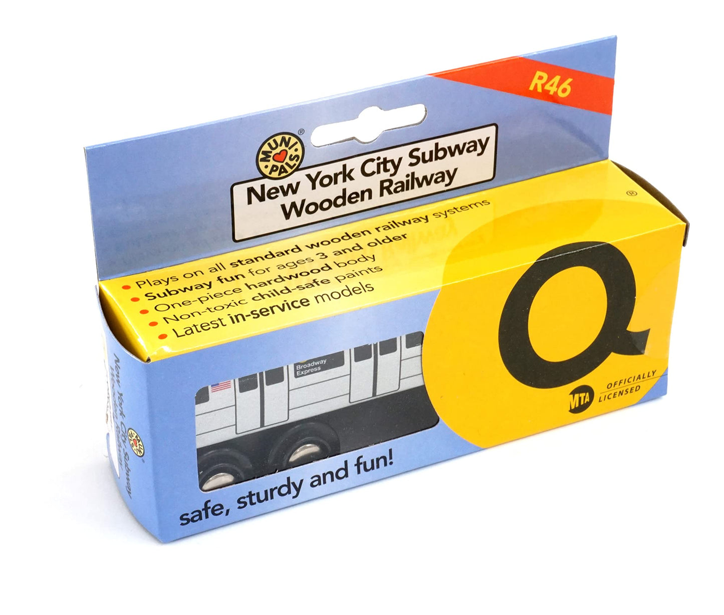 Muni Pals Munipals New York City Subway Wooden Railway (B Division) Q Train/Broadway Express–Child Safe And Tested Wood Toy Train