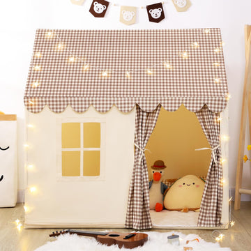 SweHouse Kids Play Tent with Star Lights - Brown & Cream Indoor Playhouse for Toddlers, Non-Slip Padded Mat - Perfect Birthday Gift