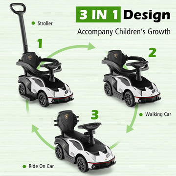 Costzon Push Cars For Toddlers, 3 In 1 Licensed Lamborghini Stroller Sliding Walking Car W/Handle, Armrest Guardrail, Underneath Storage, Horn, Foot-To-Floor Ride On Toy For Boys Girls (White)