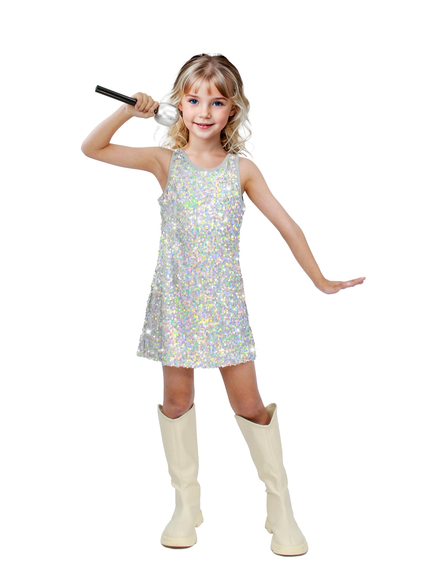 Sinkawa Jackets Girls Sequin Dress Sparkly Sleeveless Costume Prom Concert Party Outfit with Glitter Microphone Prop-Small Silve