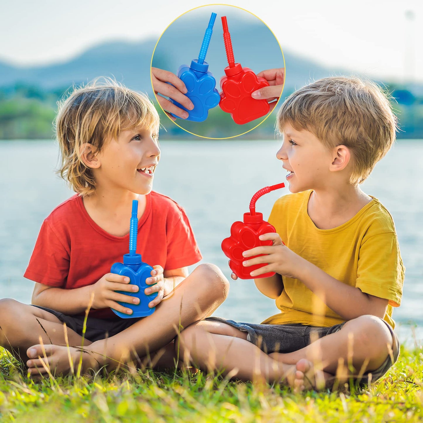 Sratte Dog Paw Cups 10 oz Bulk Puppy Paw Print Theme Cups, Cute Print Plastic Puppy Straw Cup Bulk with Lids for Kids Pet Dog Bi