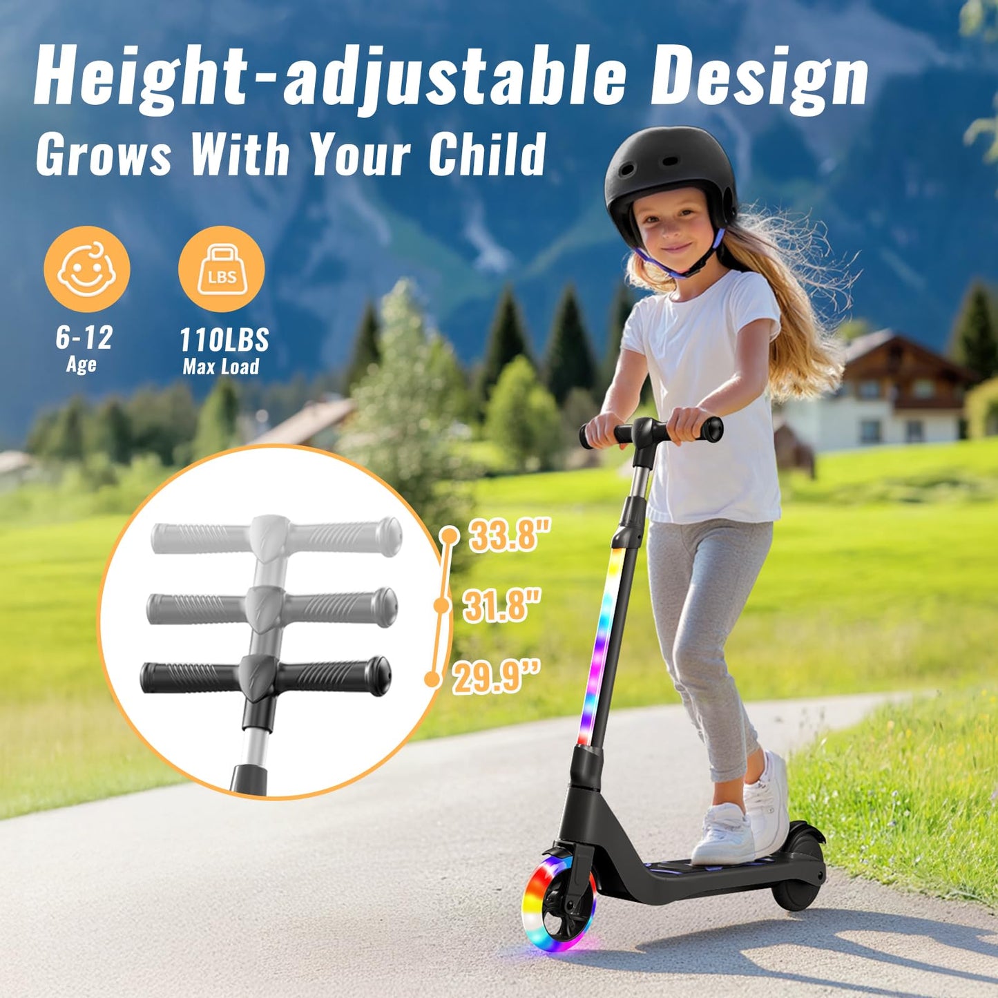 LIEAGLE Electric Scooter For Kids Age 6-12, 60W Motor, 5Miles Range, 6.2mph, 5.3'' Rubber Tires w/RGB Wheel Lights & 7-Color Hea