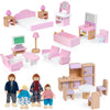 26pcs Wooden Dollhouse Furniture Set with 4 Family Dolls Pink Dollhouse Accessories for 4 Rooms Pretend Play Furniture Toy Birthday Gift for Girls Boys Age 3 4 5 6 Years Old