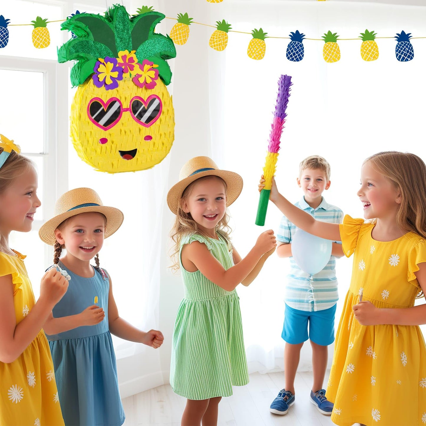 WERNNSAI Pineapple Piñata - Yellow Paper Piñata with Bat & Blindfold for Kids - Hawaiian Luau Party Decorations