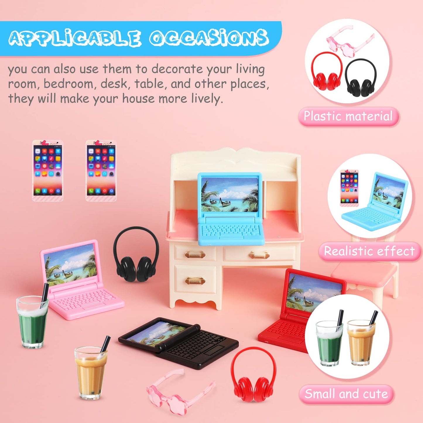 20 Pieces Dollhouse Accessories Doll Travel Accessories Mini Laptop Computer Phone Toy Miniature Glasses Headset Drink Toys Plas
