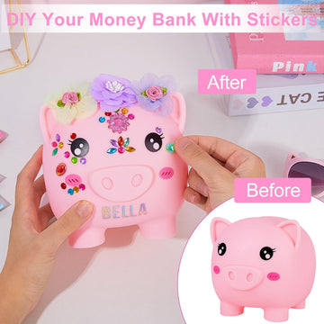 Piggy Bank For Kids Girls, Unbreakable Money Saving Bank With Flower Alphbet Sticker To Diy Piggy Money Bank