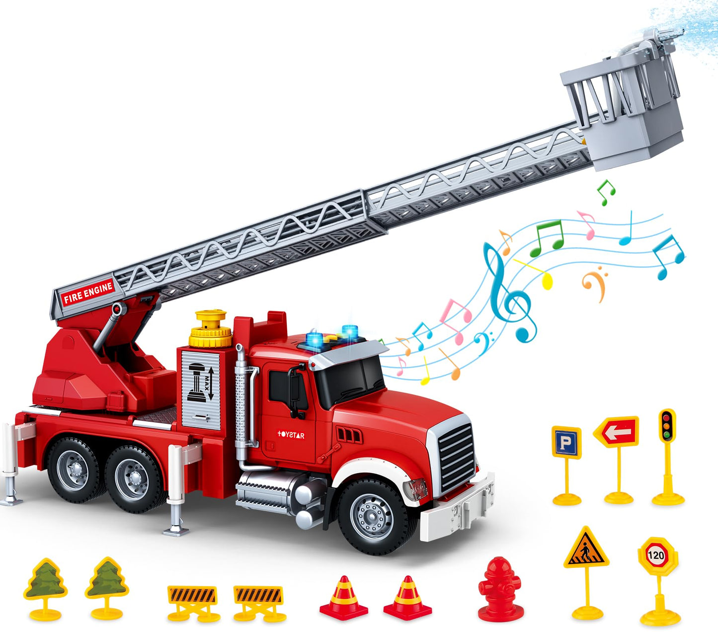 SpringFlower Toy for 3 4 5 6 Years Old Boy,Large Fire Truck Toy with Lights & Sounds, Ladder Fire Truck Toy with Shooting Water