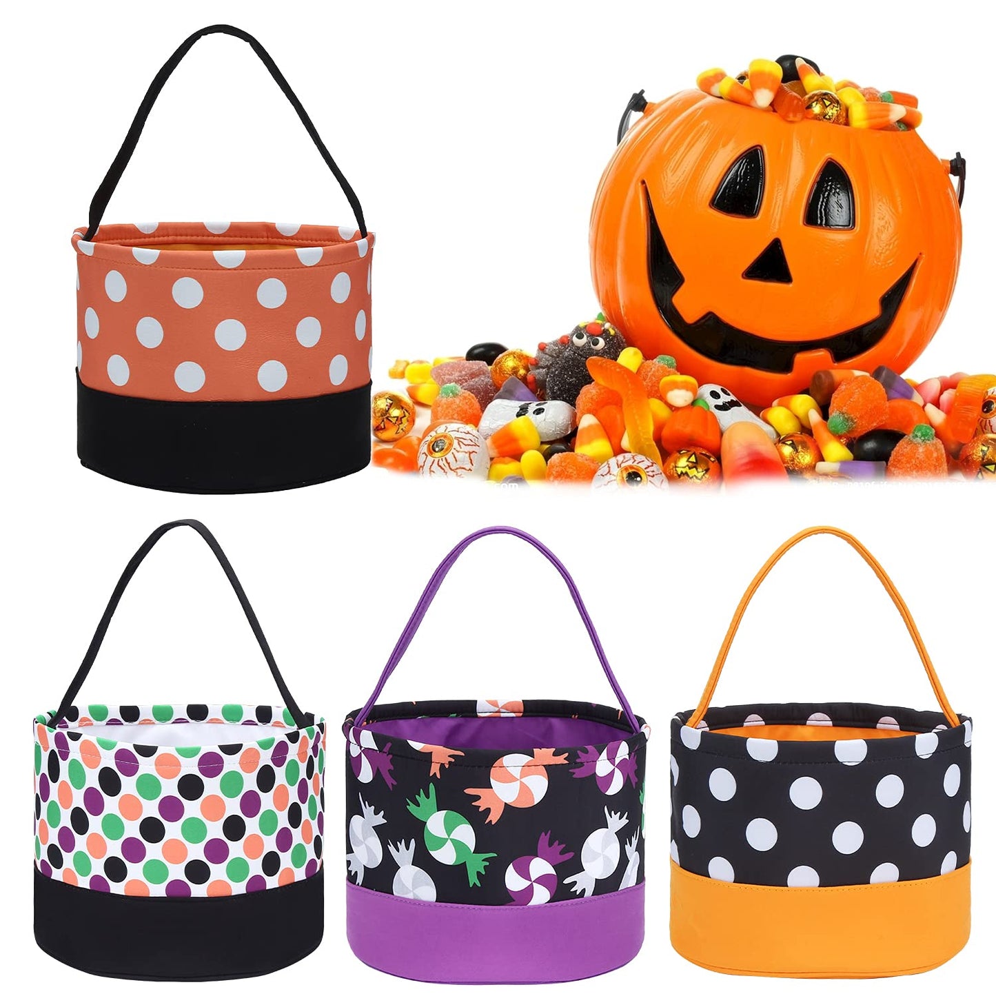 Leziazany Halloween Trick Or Treat Bag Halloween Candy Bucket Fabric Tote Gift Candy Bag Candy Polka Dot Skull Pumpkin Stripe Halloween Party Favors