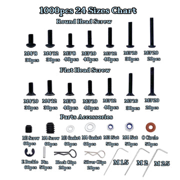1000pcs RC Screw Kit,RC Screws for Traxxas Arrma Axial Redcat HPS SCX10 1/8 1/10 1/12 1/16 Scale RC Cars Trucks Crawler, Screws