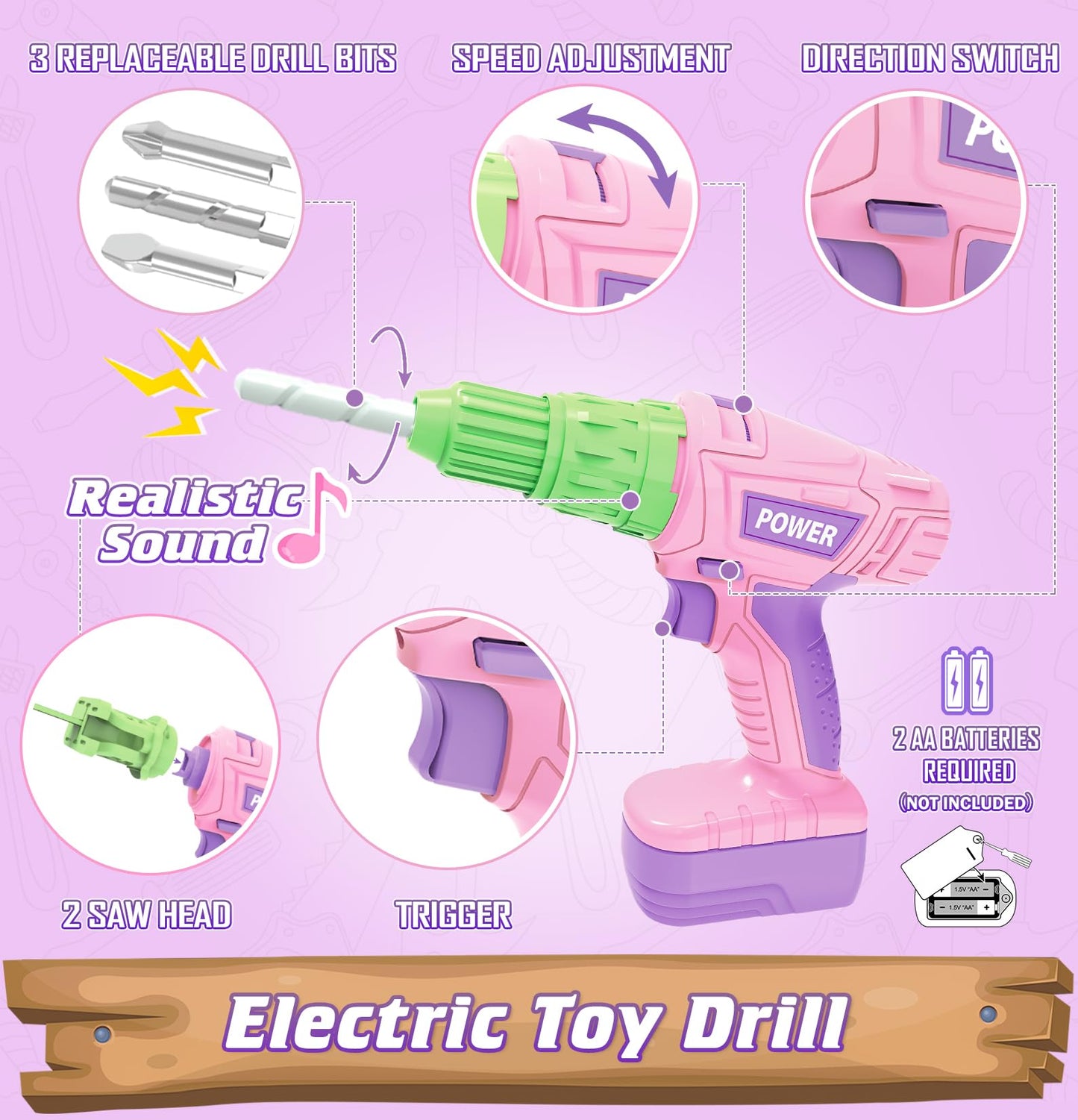 WishaLife Kids Tool Set for Girls - Toddler Tool Set with Toy Chainsaw, Drill, Pretend Play Construction Tools Toy Gift for Kids