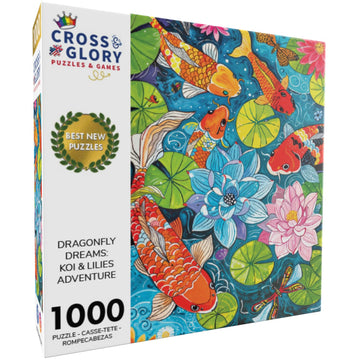 Cross & Glory 1000 Piece Jigsaw Puzzle - Dragonfly Dreams Koi & Lilies Adventure, Large Size, 1.8mm Thick Cardboard, Vibrant Art