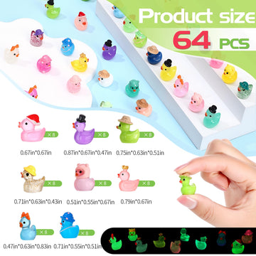 Ggstddup 64 Pcs Luminous Mini Resin Ducks, 8 Types Small Ducks Plastic Mini Resin Animals Figures Miniature Figurines For Fairy