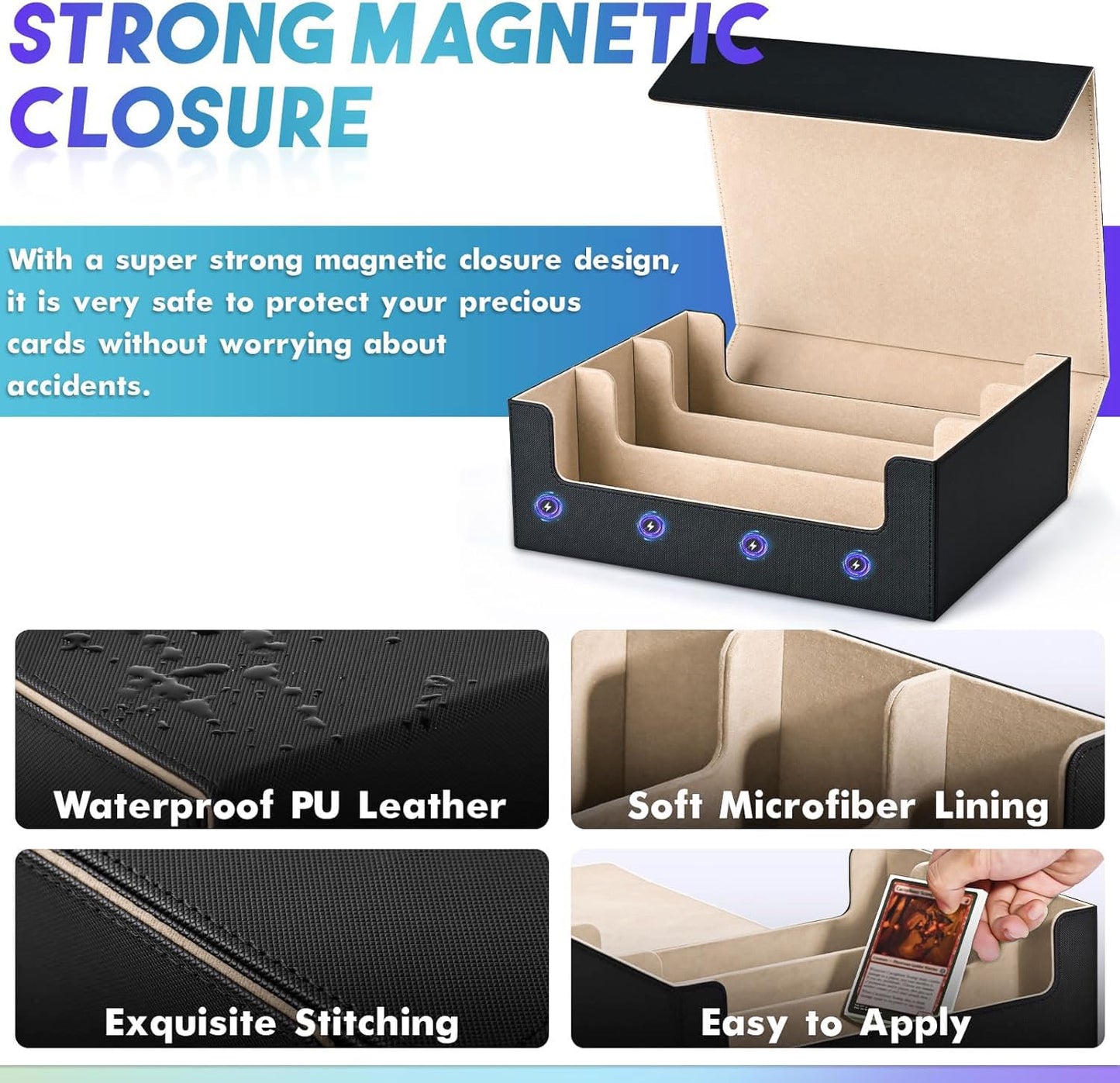 Uaono Card Storage Box For Trading Cards, 1800+ Pu Leather Commander Card Deck Case, Magnetic Closure Card Holder Fits For Magic Game Cards (Black&Gold)