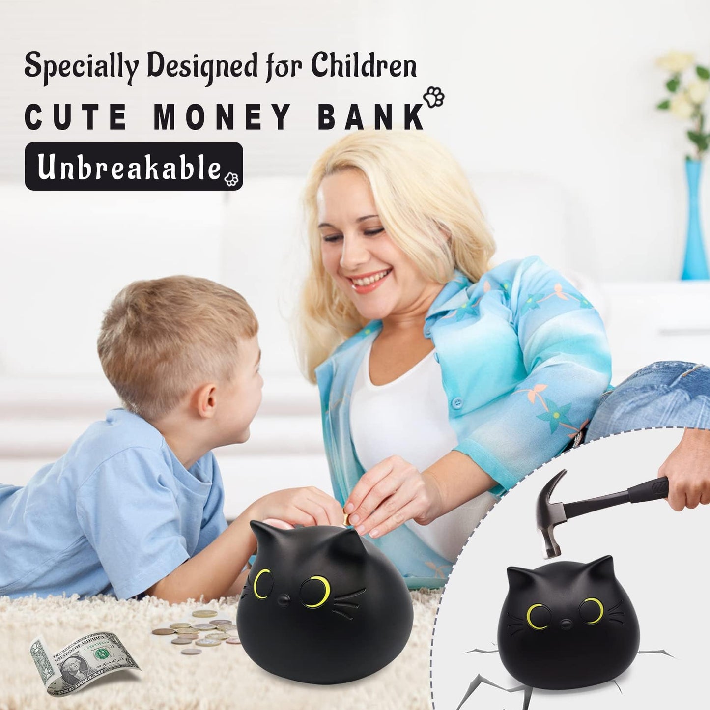 Jizwpoom Cat Piggy Bank, Coin Piggy Banks For Kids, Boy Piggy Bank For Adults Money Box, Unbreakable Piggy Bank Girls Black Cat Bank Money Bank For Kids Christmas 5.5 X 5 Inches