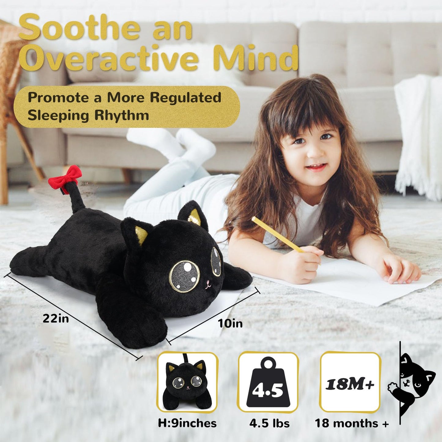 Meowtastic Black Cat Weighted Stuffed Animals - 22 Inch 4.5 Pounds Weighted Plush Kitten Stuffed Animal - Big Stuffed Cat Weighted Plush Pillow - Cute Plush Toys Gifts For Kids & Adults (22' 4.5 Lbs)