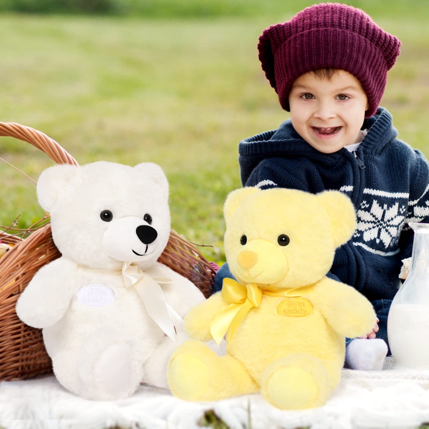 Tezituor Small Teddy Bear Stuffed Animals, Pack Of 2 Cute Bear Plush With Bow Tie For Boy Girl Kids, White And Yellow Stuffed Be