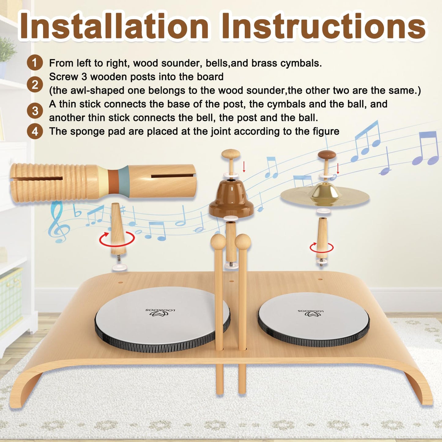 Looikoos Kids Drum Set For Toddlers All In One Montessori Wooden Musical Instruments Set,Preschool Educational Baby Sensory Musical Toys For Kids Ages 1-6