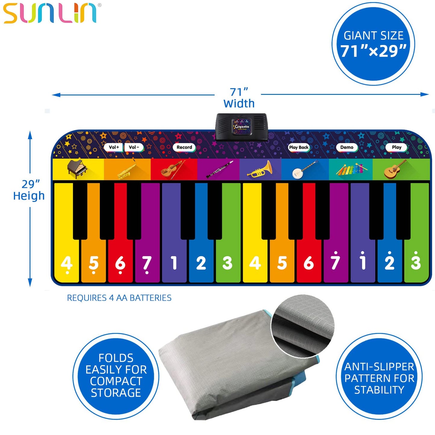 Sunlin 6 Ft. Floor Piano Mat For Kids & Toddlers, Giant Piano Mat, 24 Keys, 10 Built In Songs, 8 Instrument Sounds, Record & Playback, Song Booklet, Musical Toy Gift For Boys & Girls Age 3 4 5 6 7 8 9
