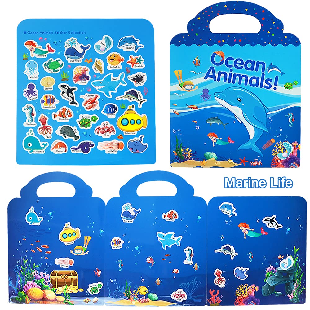 Reusable Sticker Books For Kids, 3 Sets Travel Removable Toddler Sticker Books For 2 3 4 5 Year Old Girls Boys Birthday Gifts Educational Learning Toys For Age 2-4 - Ocean & Zoo Animal, Farm