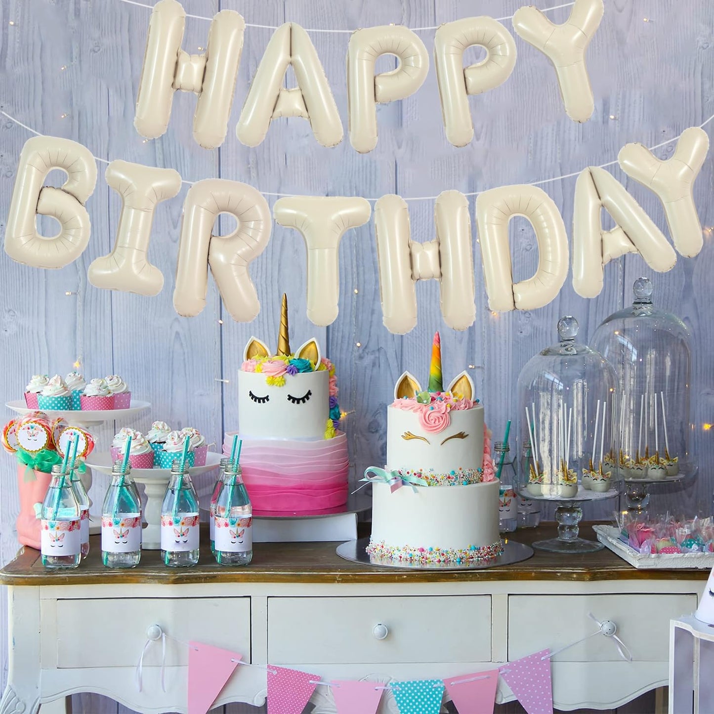 Toniful Cream White Happy Birthday Balloons Banner, 16 Inch Mylar Foil Letters Birthday Sign Bunting Reusable For Girls Boys Kid