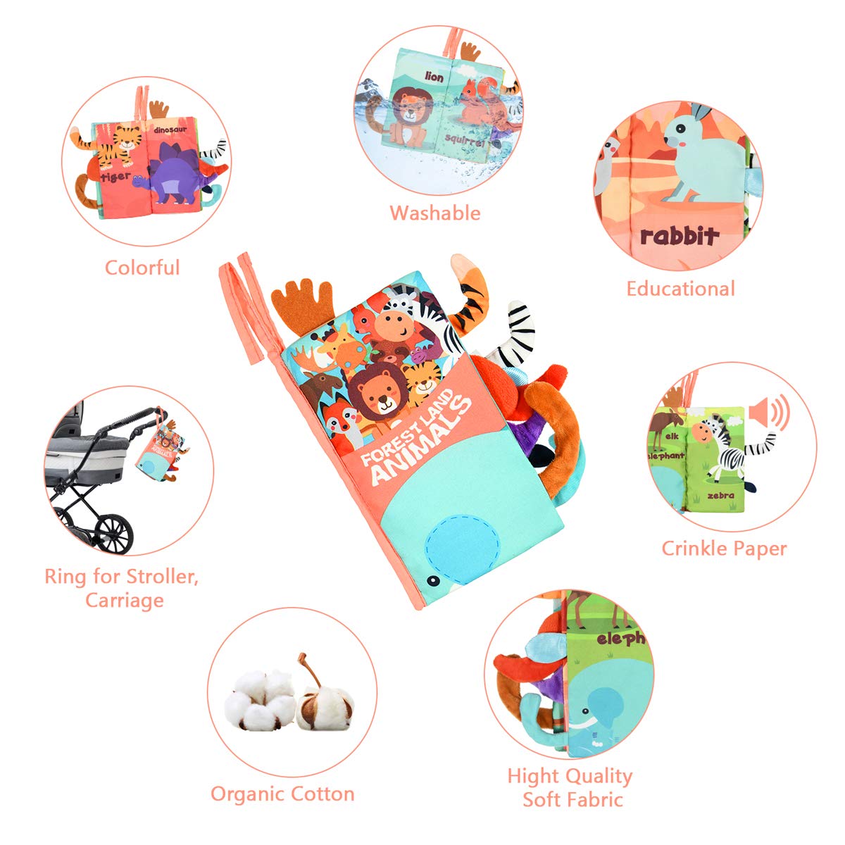 Vicloon Baby Books 0-6 Months, Soft Cloth Books Baby Books Bath Books, Infant Tummy Time Toys High Contrast Sensory Baby Toys Crinkle Squeaky Washable Chewable Non-Toxic Early Educational Book