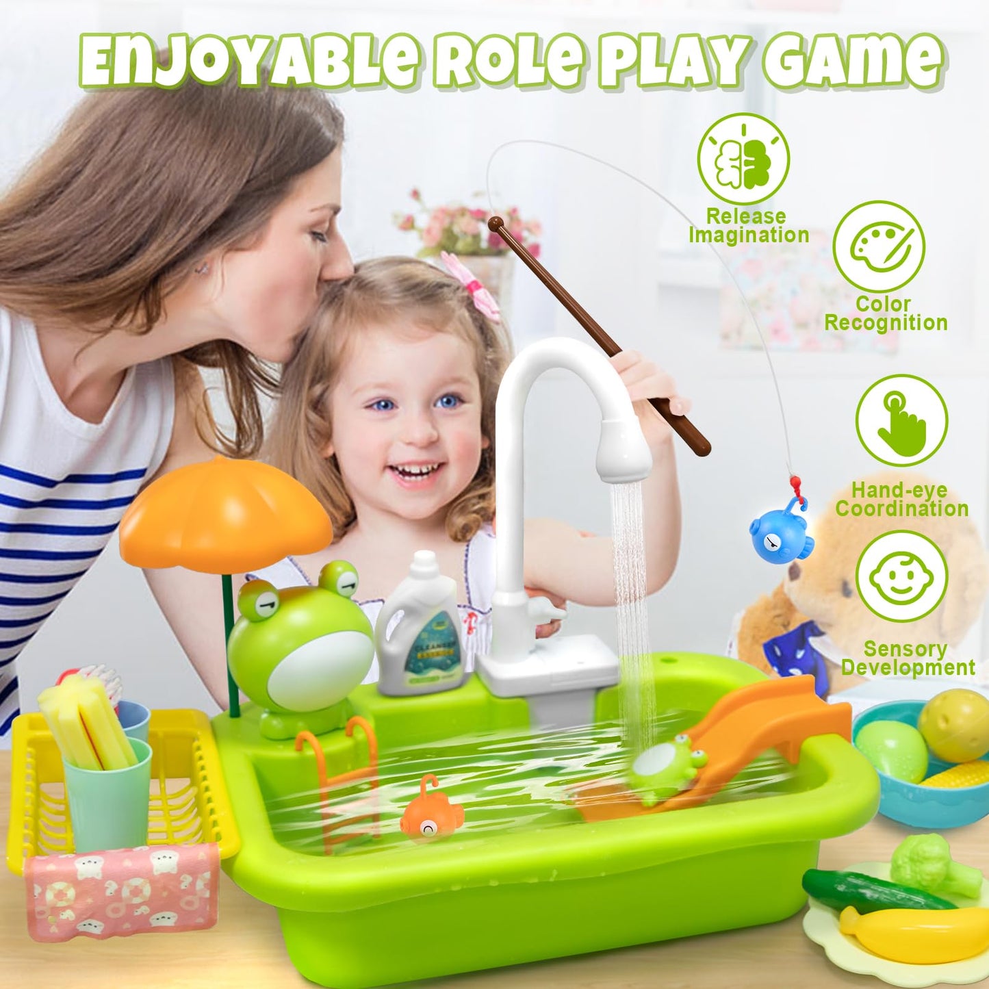 Play Sink with Running Water,Kids Sink Toy with Automatic Water Cycle System,Sink Fishing Game Toy with Food Kitchen Accessories