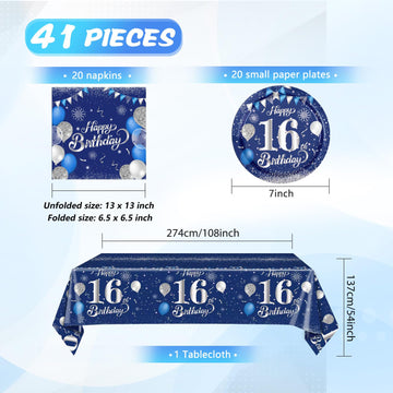 41Pcs 16Th Birthday Decorations For Boys Navy Blue Silver 16 Years Old Birthday Decorations Sweet 16 Plates Napkins Tablecloth F