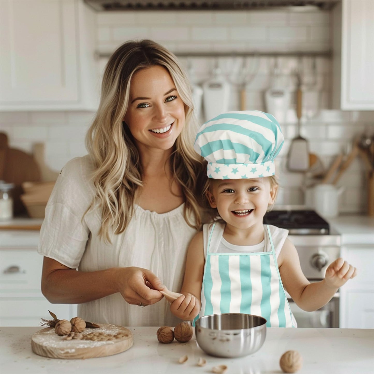 WoodenEdu Kid Apron and Chef Hat Set, 3 Pcs Children Cooking Baking Set Kits Role Play Chef Toy Kid Cooking Gift for Girls Boys