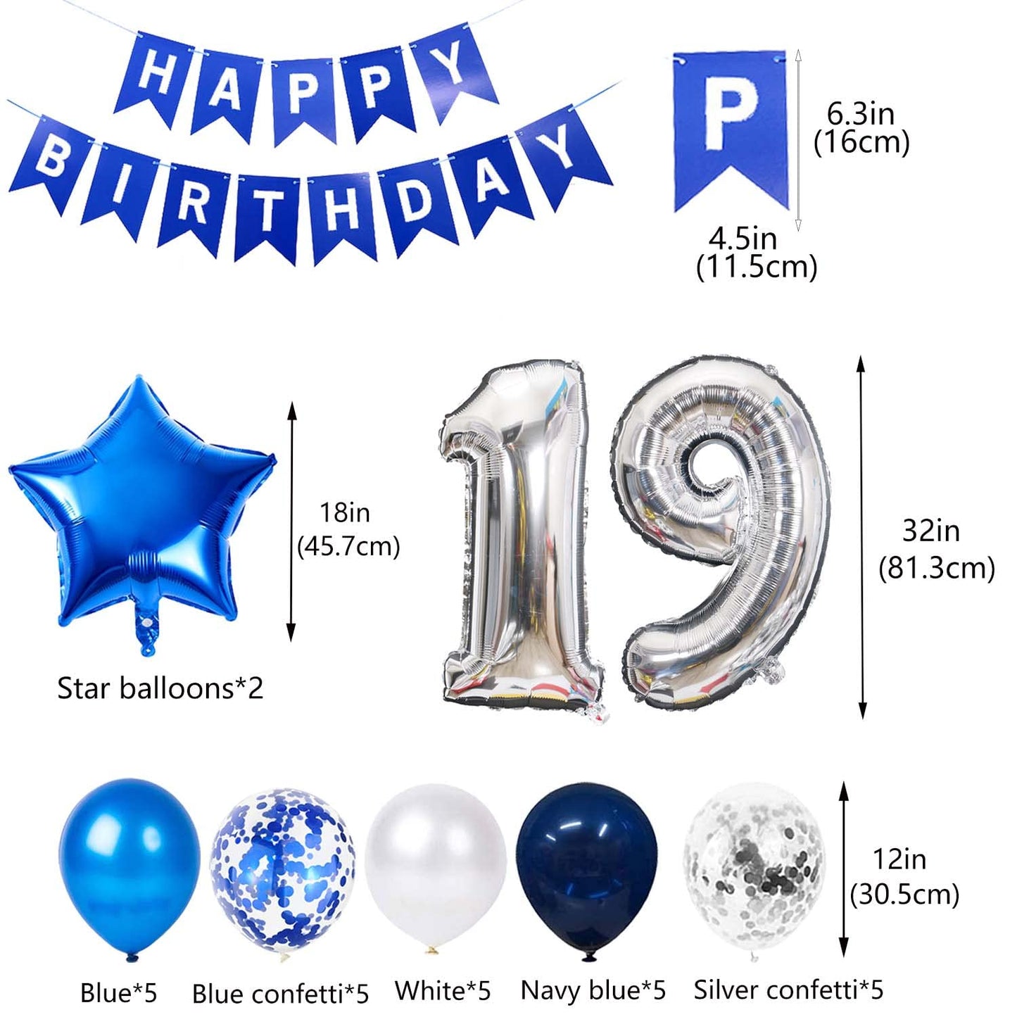 JumDaQQ 19th Birthday Party Decoration - Blue Latex Balloons & Confetti, Model JD-19th-blue silver-31