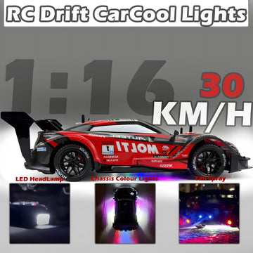 Hturccop 1:16 Rc Drift Car 2.4Ghz Spray 4Wd Led Lights 30+Km/H High Speed Remote Control Car 2 Batteries 60Min Infinitely Variab