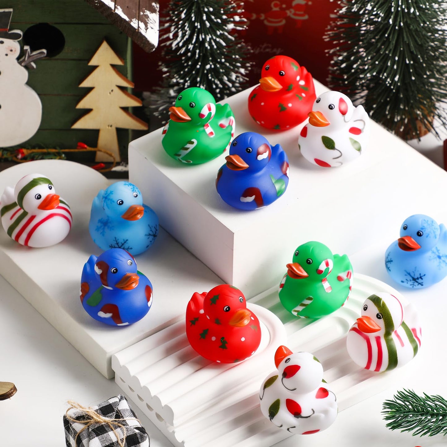 Vinsot Christmas Rubber Ducks Bulk Mini Christmas Bath Toys Snowflake Santa Hat Candy Cane Christmas Tree Print Ducks Xmas Rubber Duckies for Bath(48 Pieces)