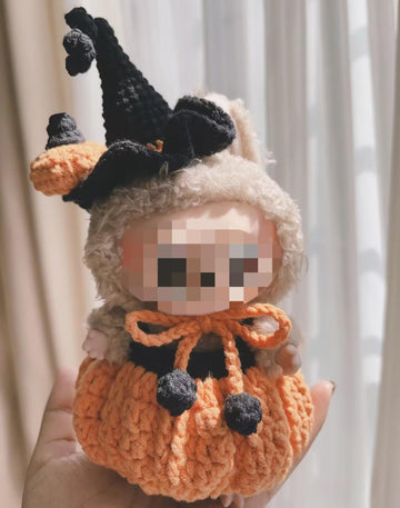 Halloween Clothes for Labubu 2 Piece Handmade Crochet Pumpkin Clothes Accessories for Labubu Outfits with Hat Overall (No Doll Included) (Black)