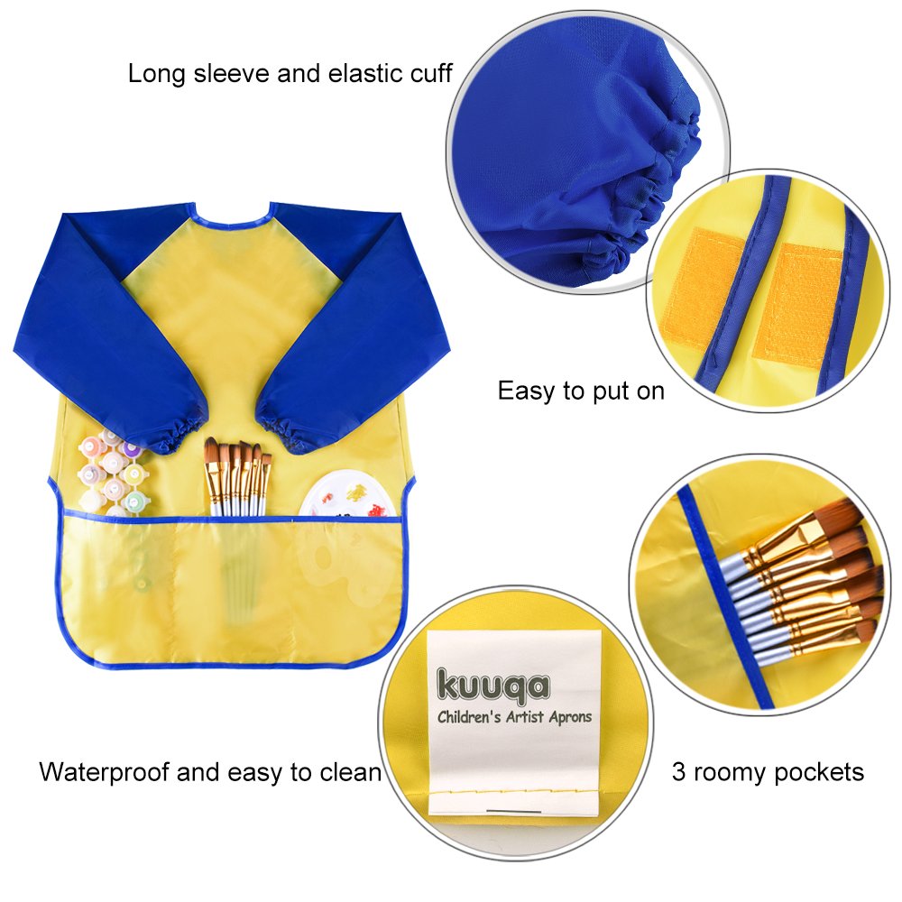 Kuuqa 2Pcs Waterproof Children Art Smock Kids Art Aprons Painting Aprons With Long Sleeve And 3 Roomy Pockets For Painting, Feeding, Baking, Cooking, Age 2-6 Years (Paints And Brushes Not Included)