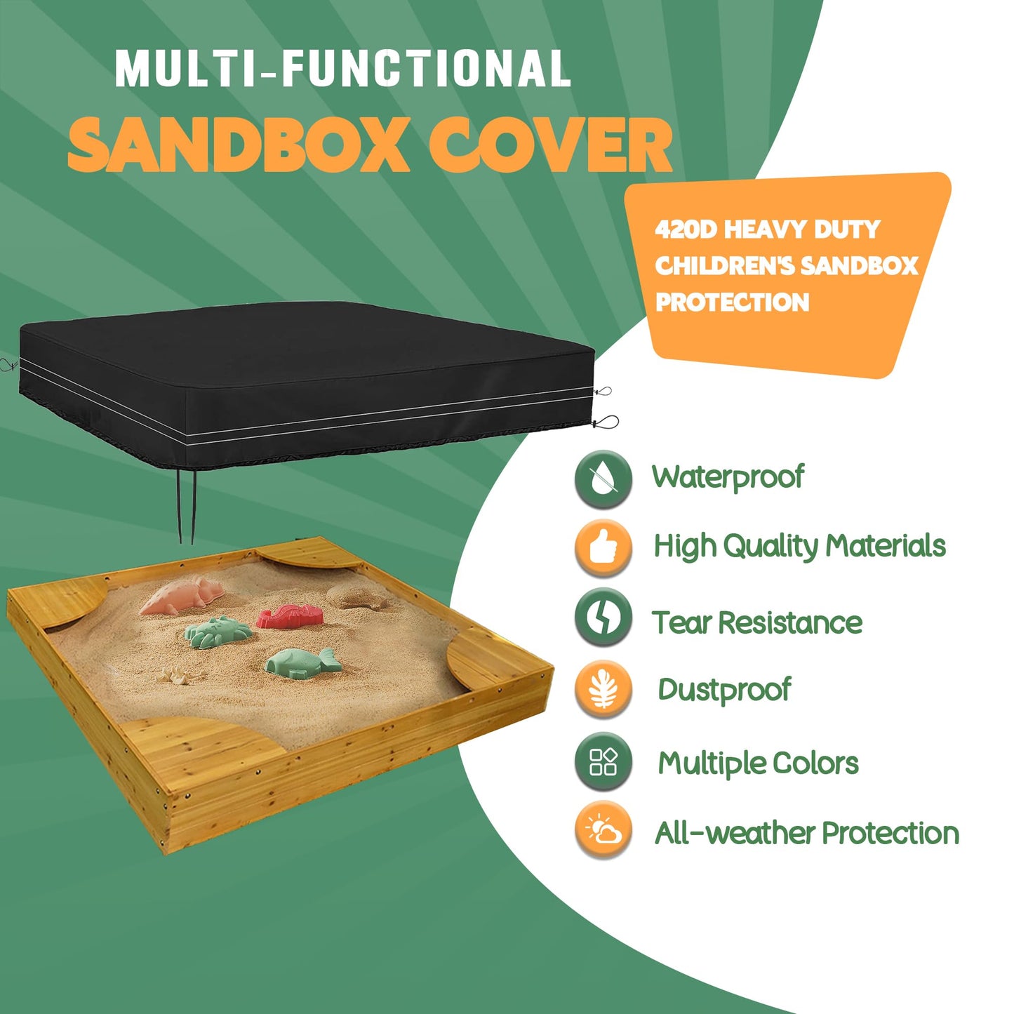 DUSTYPROTE 420D Heavy Duty Sandbox Cover, Black, 48in Square for Kids Outdoor Sandboxes, Durable Lid Cover Only