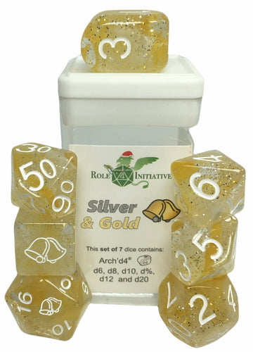 Happy Holi-Dice: Diffusion Silver & Gold - Set Of 7 Game Dice W/ Arch'D4 And Symbols