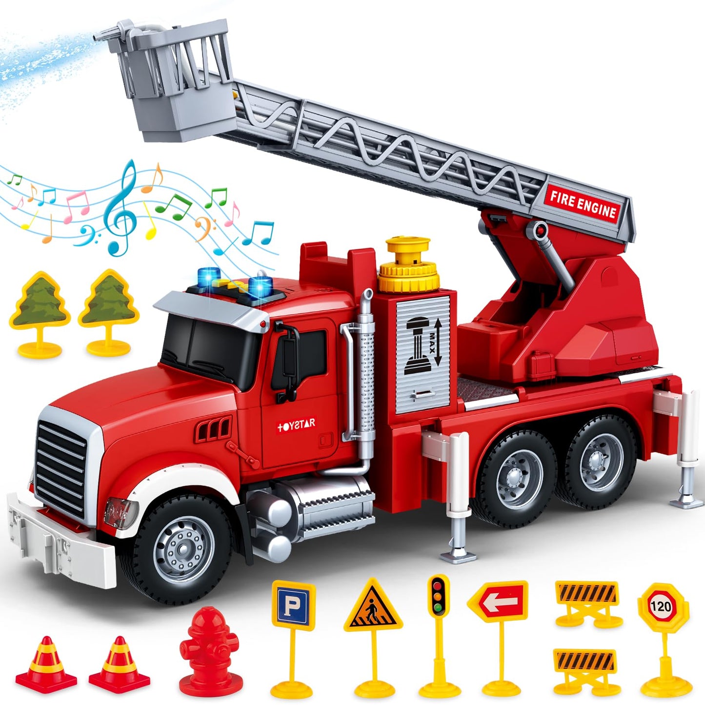 SpringFlower Toy for 3 4 5 6 Years Old Boy,Large Fire Truck Toy with Lights & Sounds, Ladder Fire Truck Toy with Shooting Water