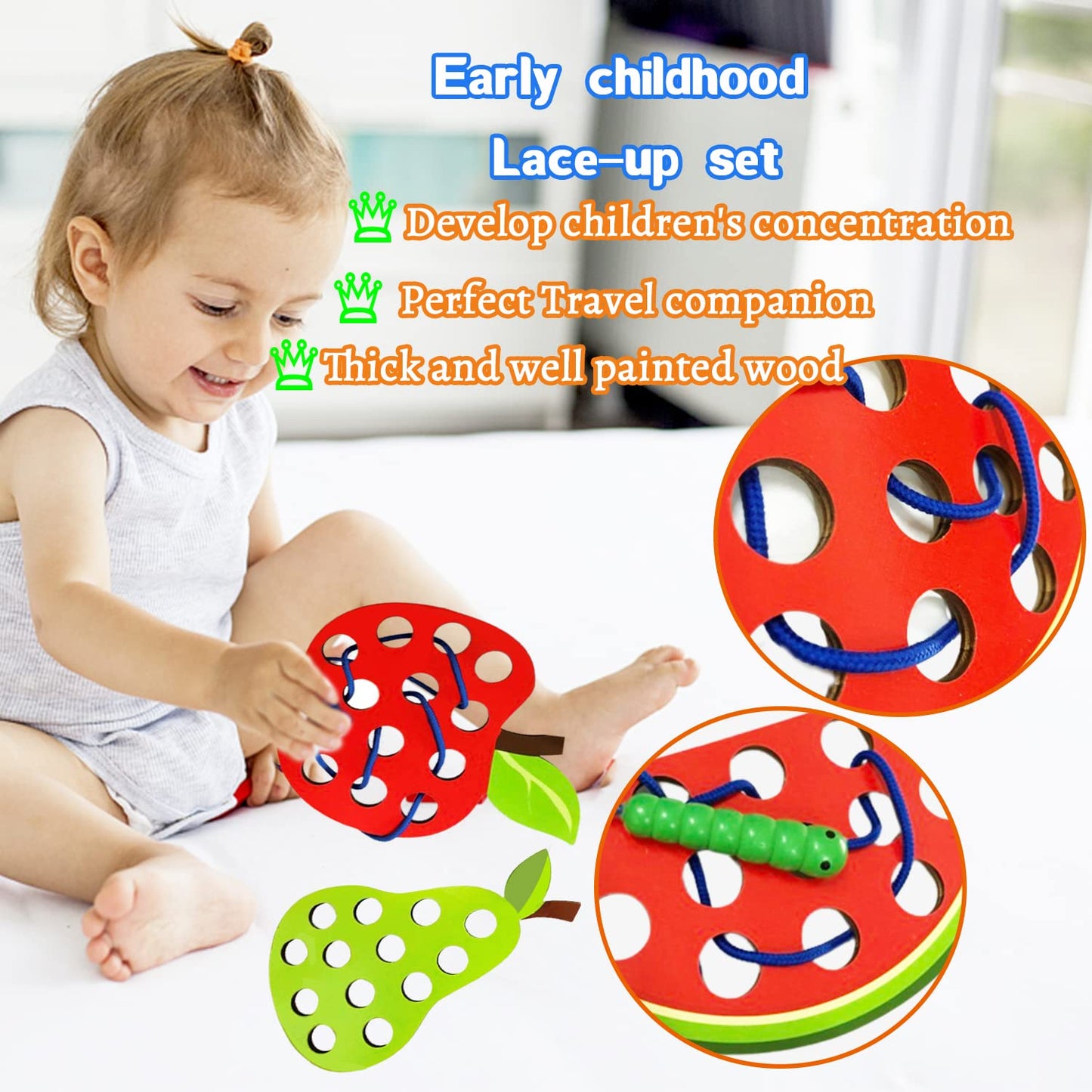 4 Pack Wooden Lacing Toy,Educational Threading Activity Puzzles,Learning Fine Motor Skill Travel Toy,Wooden Fruit Threading Set For Toddlers Kids 3 4 5 Year 1 Apple,1 Watermelon,1 Pineapple,1 Pear