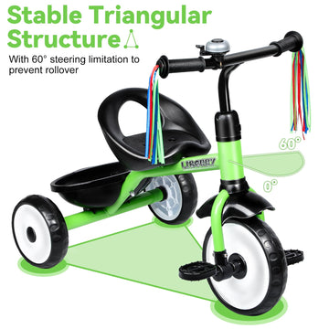 Liberry Toddler Tricycle for Ages 2-4, Large Green Kids Bike with Bell, Back Basket, Removable Pedal - Model CP001067